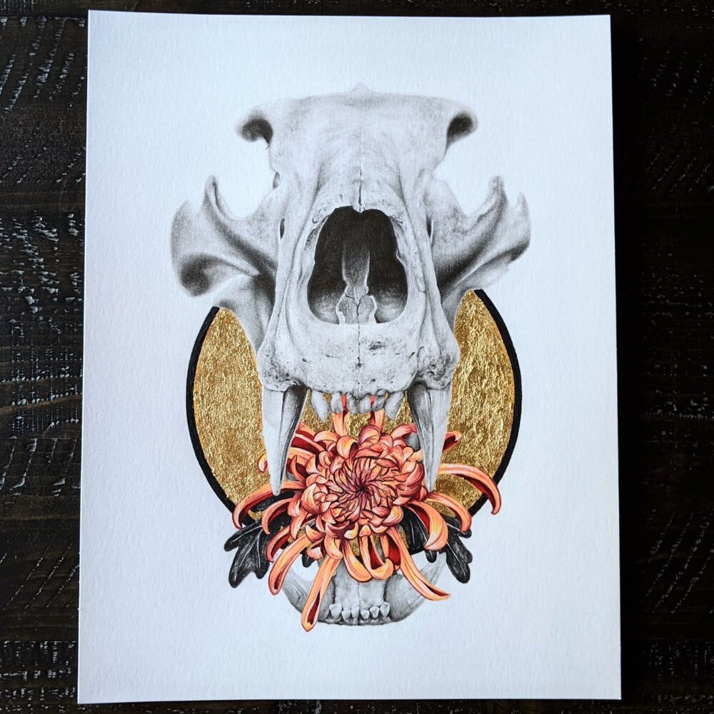 Handmade Original Artwork 8" x 10" Framed Skull Drawing Gold Leaf Pencil Art